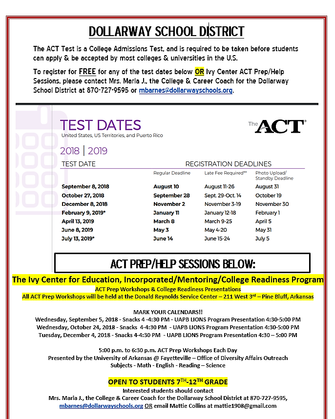 ACT TEST & ACT PREP/HELP SESSION DATES