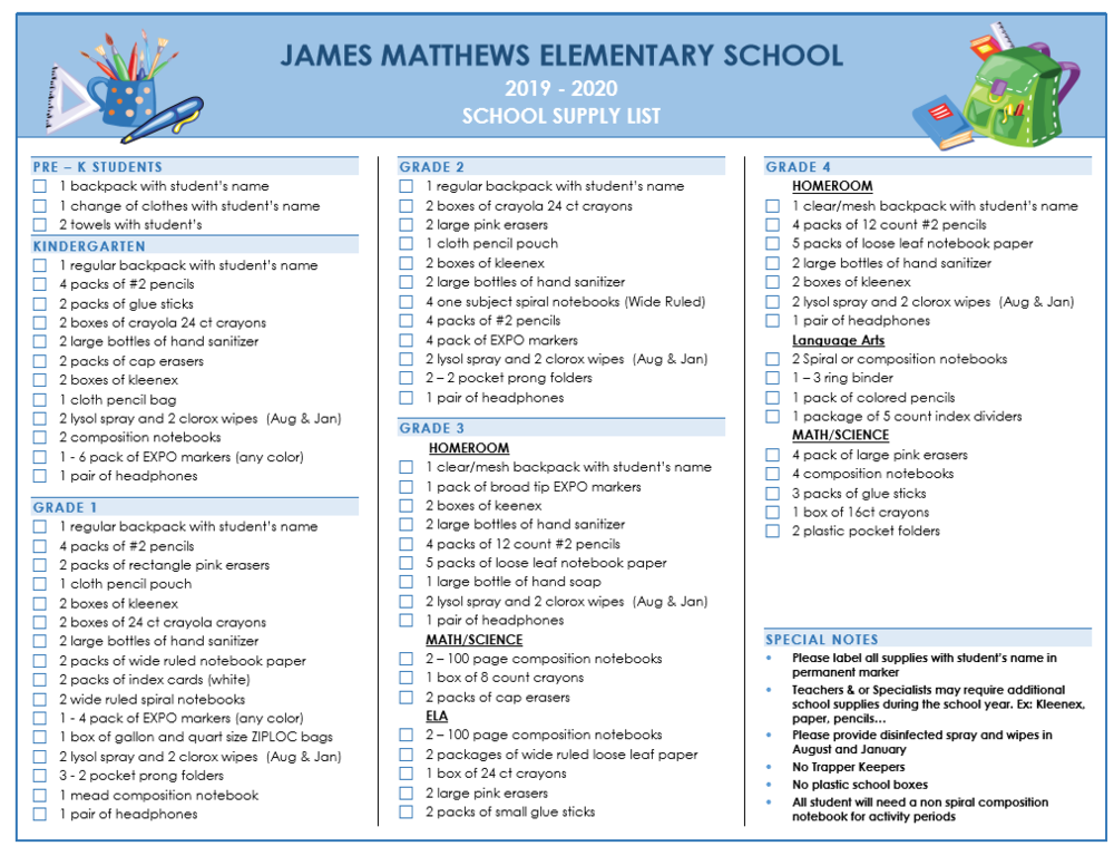 2019-2020 SCHOOL SUPPLY LIST